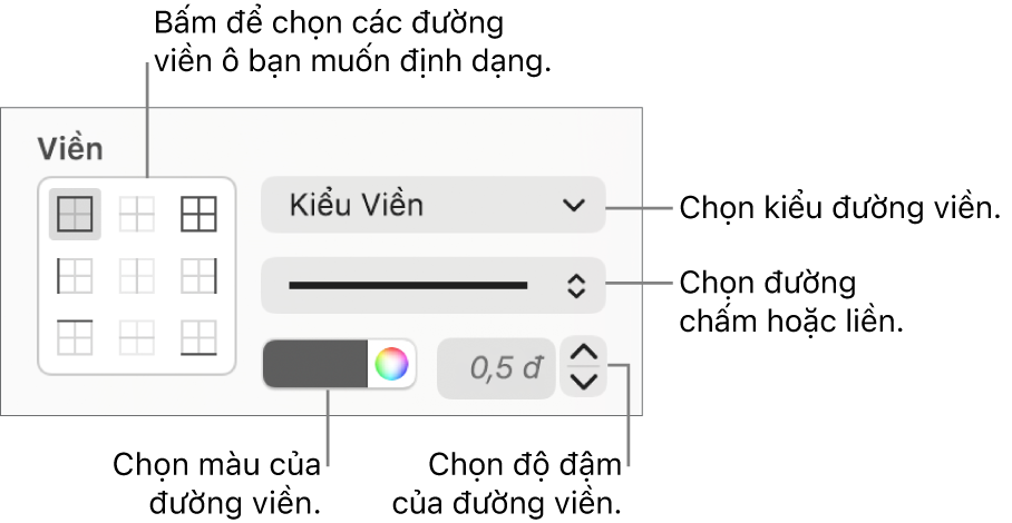 Các điều khiển để tạo kiểu đường viền ô.