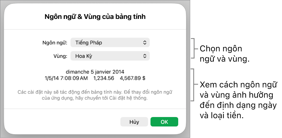 Khung Ngôn ngữ & Vùng với các điều khiển cho ngôn ngữ và vùng và ví dụ về định dạng bao gồm ngày, giờ, phần thập phân và loại tiền.