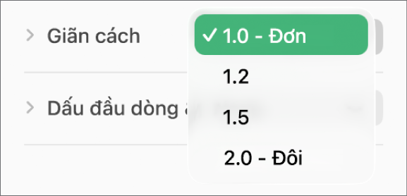 Menu bật lên Giãn cách với Đơn, Đôi và các tùy chọn khác.