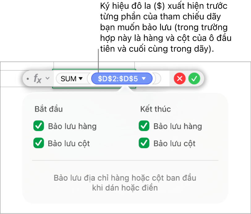 Công thức đang hiển thị tham chiếu hàng và cột được bảo lưu.