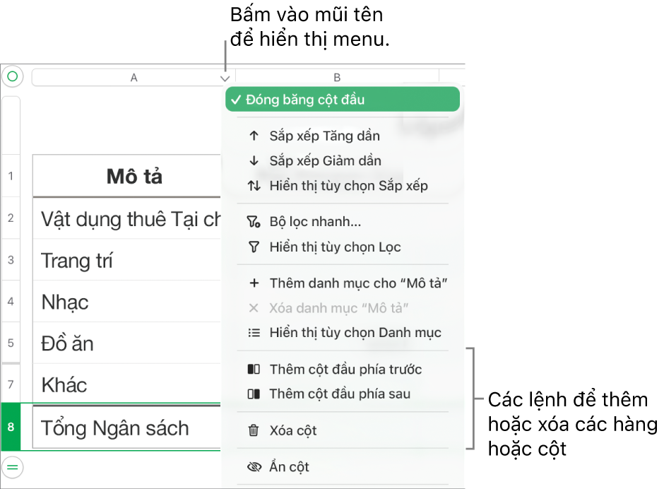 Menu cột bảng với các lệnh để thêm hoặc xóa hàng và cột.