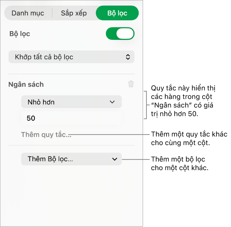 Các điều khiển để tạo quy tắc lọc.