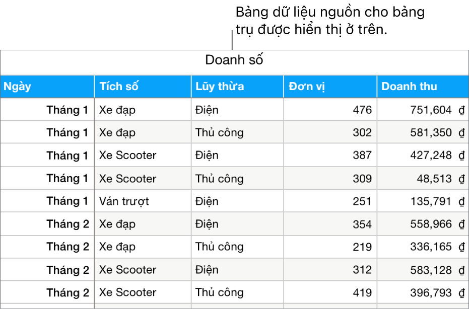 Bảng chứa dữ liệu nguồn, đang hiển thị đơn vị doanh số đã bán và doanh thu đối với xe đạp, scooter và ván trượt, theo tháng và loại sản phẩm (cơ hoặc điện).