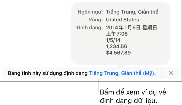 Thông báo về cài đặt ngôn ngữ và vùng khác, đang hiển thị các ví dụ về định dạng trong ngôn ngữ và vùng đó.