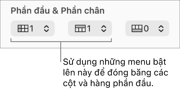 Menu bật lên để thêm cột và hàng phần đầu và phần chân vào bảng và để đóng bằng hàng và cột phần đầu.