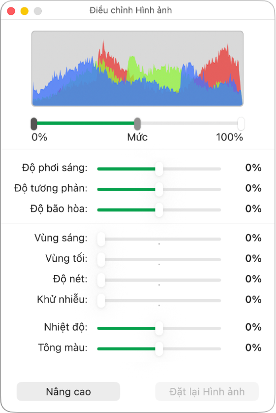 Cửa sổ Điều chỉnh hình ảnh với các thanh trượt để đặt độ phơi sáng, độ tương phản, độ bão hòa, vùng tô sáng, bóng đổ, độ nét, khử nhiễu, nhiệt độ và tông màu.