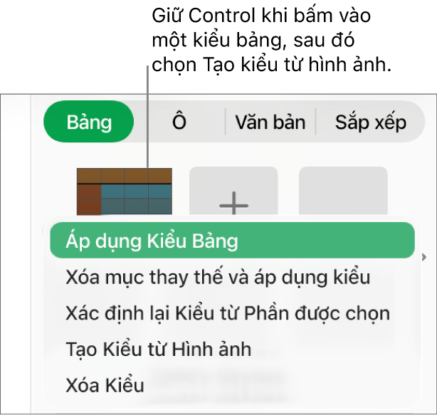 Menu phím tắt kiểu bảng.