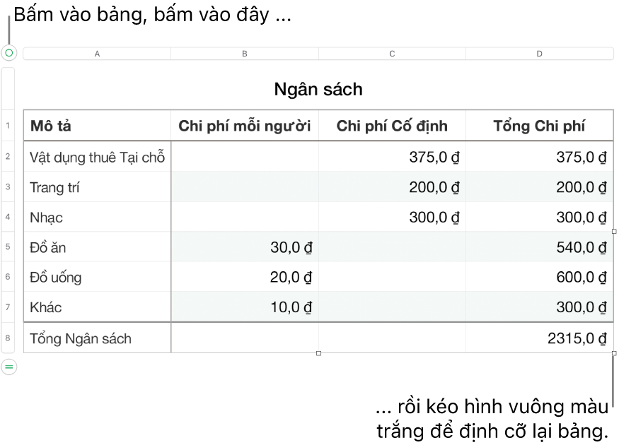 Một bảng được chọn có các hình vuông màu trắng để định cỡ lại.