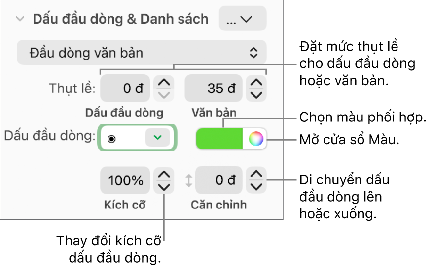 Phần Dấu đầu dòng & Danh sách với các lời nhắc đến các điều khiển cho thụt lề dấu đầu dòng và văn bản, màu dấu đầu dòng, kích cỡ dấu đầu dòng và căn chỉnh.