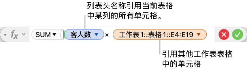 公式编辑器,显示公式引用了一个表格中的列和另一个表格中的单元格。