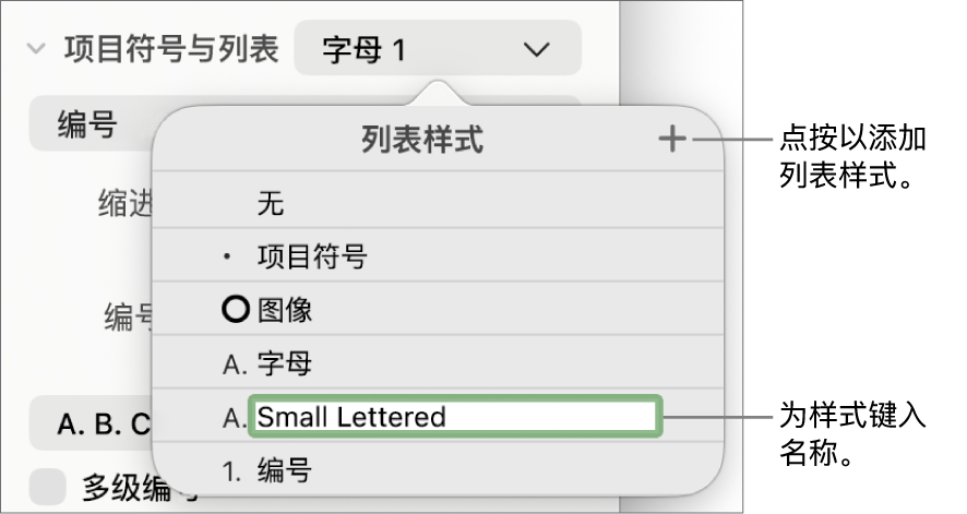 “列表样式”弹出式菜单,其中“添加”按钮位于右上角,占位符样式名称的文本被选中。