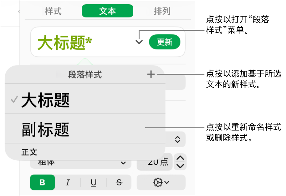 “段落样式”菜单,显示用于添加或更改样式的控制。
