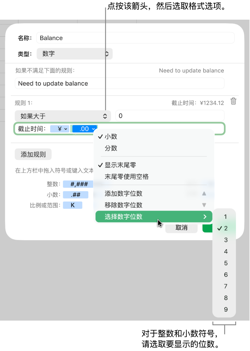 自定义单元格式窗口，带有用于选取自定义格式化选项的控制。
