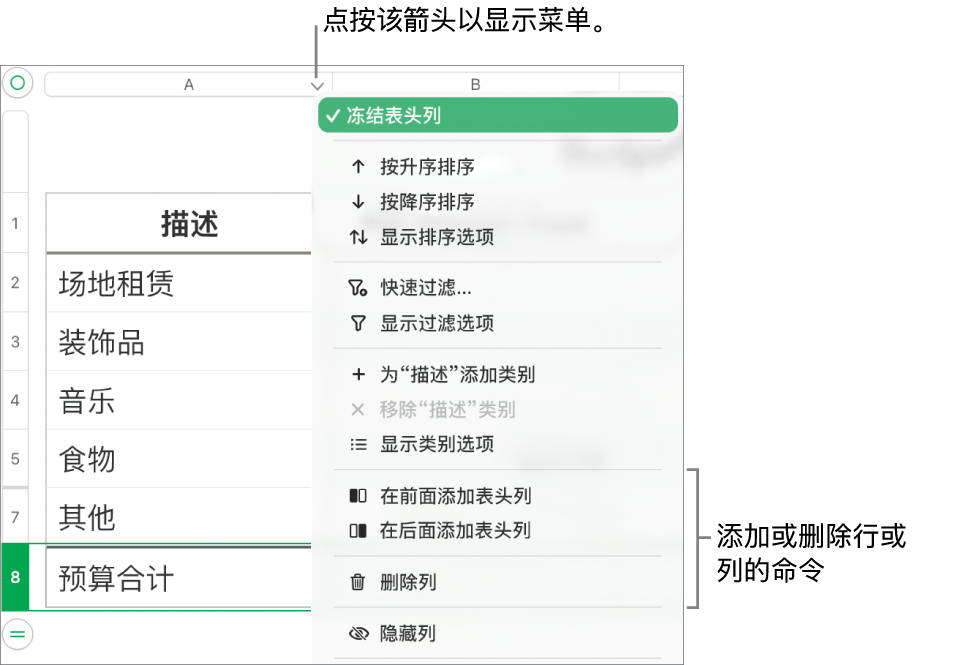 带有添加或删除行和列命令的表格列菜单。