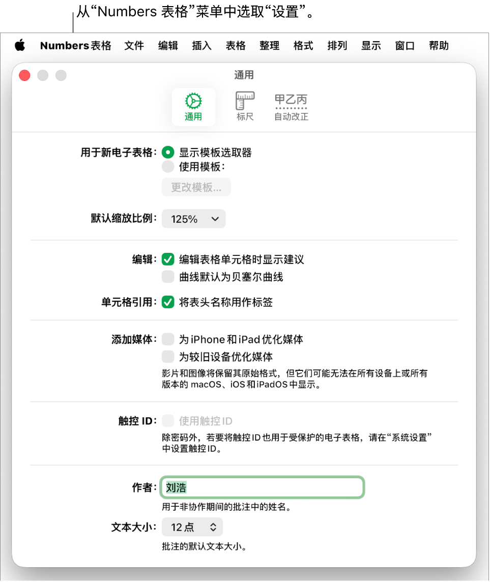 Numbers 表格设置窗口中已打开“通用”面板，包含用于新电子表格、默认缩放比例、编辑、单元格引用、方程、添加媒体、触控 ID、作者姓名和默认文本大小的设置。