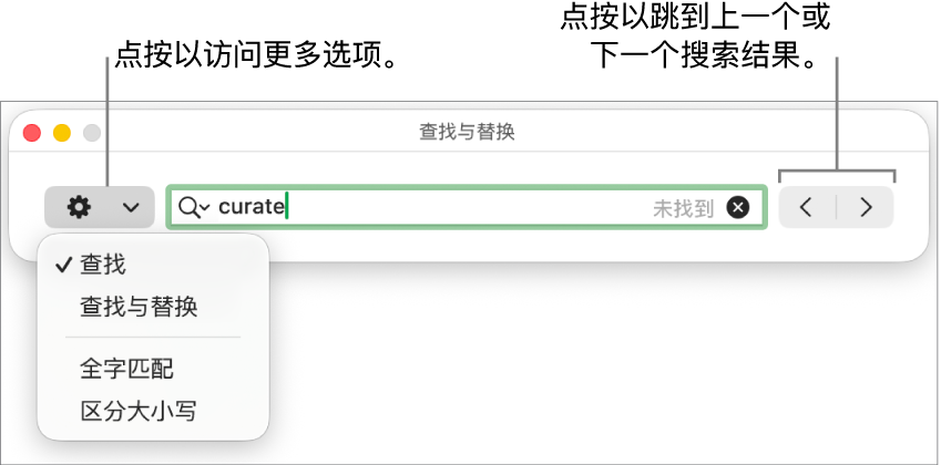“查找与替换”窗口,其中的弹出式菜单显示“查找”、“查找与替换”、“全字匹配”和“区分大小写”的选项。右侧的箭头可让你跳到上一个或下一个搜索结果。