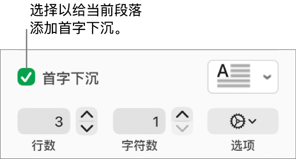 “首字下沉”复选框已选中,其右侧显示了一个弹出式菜单;其下方是用于设置行高和字符数的控制以及其他选项。