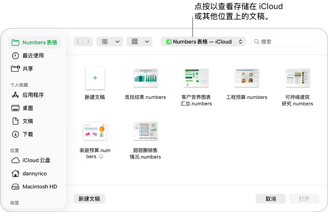 “打开”对话框,其中边栏在左侧打开,顶部弹出式菜单中已选定 iCloud 云盘。对话框中显示了 Keynote 讲演、Numbers 表格和 Pages 文稿文件夹以及“新建文稿”按钮。