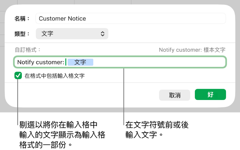 自訂文字輸入格格式。