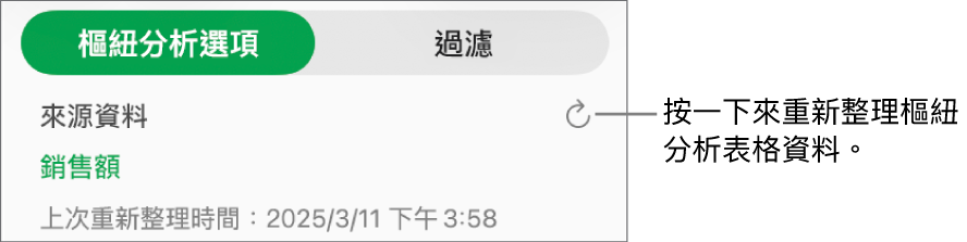「樞紐分析選項」分頁顯示重新整理樞紐分析表格的選項。
