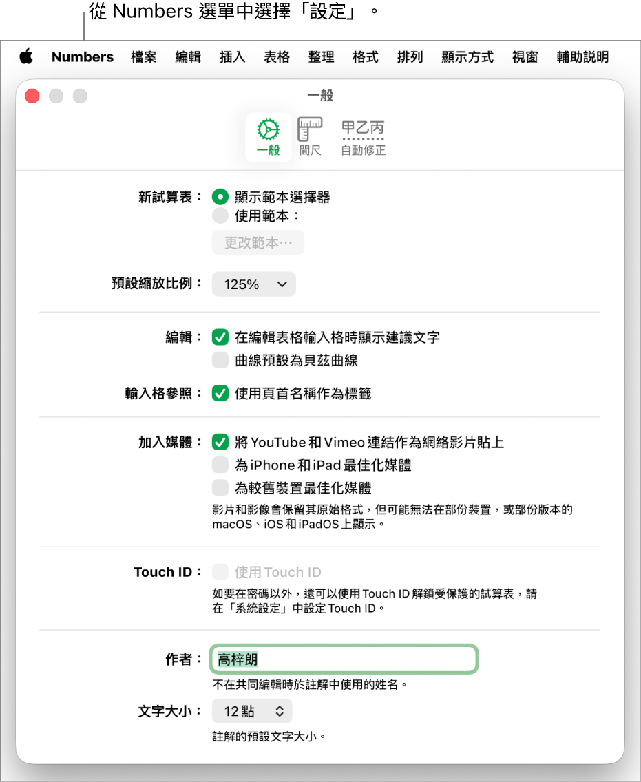 Numbers 設定視窗開啟至「一般」面板,其包括新試算表、預設縮放、編輯、輸入格參照、方程式、加入媒體、Touch ID、作者姓名和預設文字大小之設定。