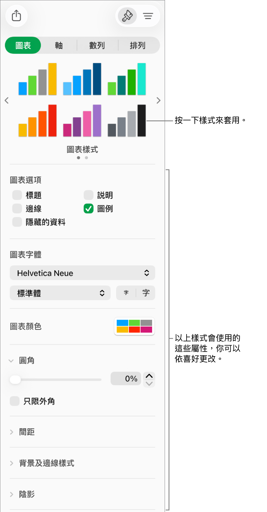顯示格式畫圖表之控制項目的「格式」側邊欄。