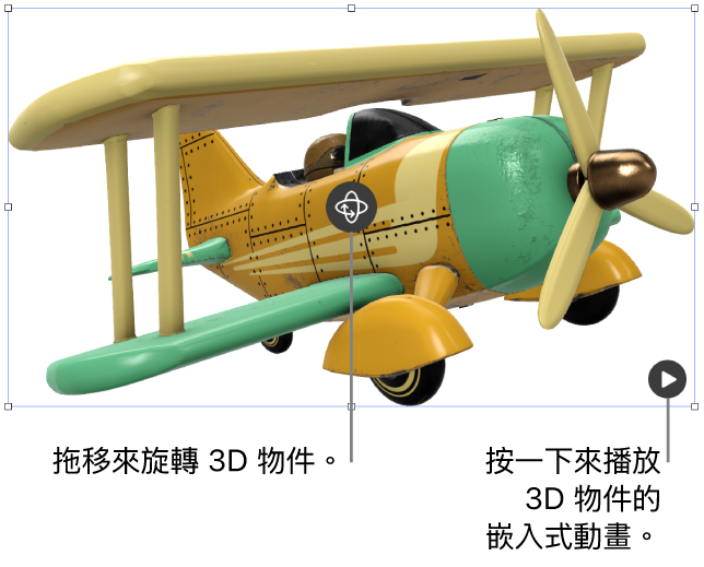 3D 物件的中間有「旋轉」按鈕,而「播放」按鈕則位於右下角。