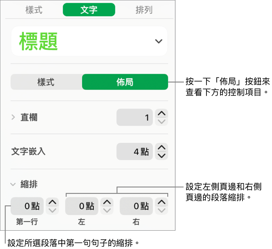 「格式」側邊欄的「佈局」區域,顯示設定第一行縮排與段落頁邊的控制項目。
