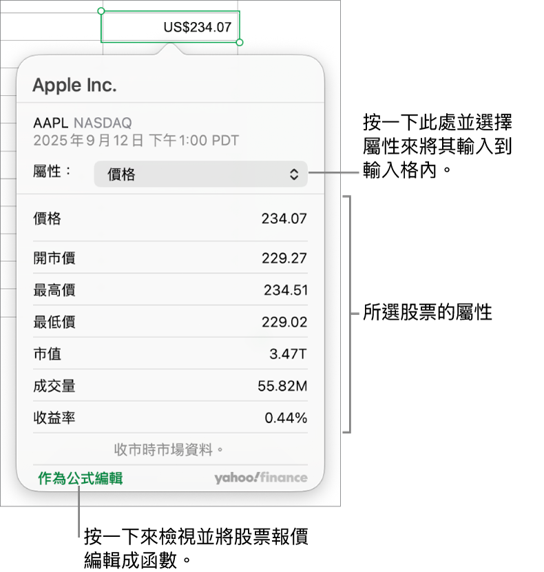 用於輸入股票屬性資料的對話框,使用 Apple 為選取的股票。