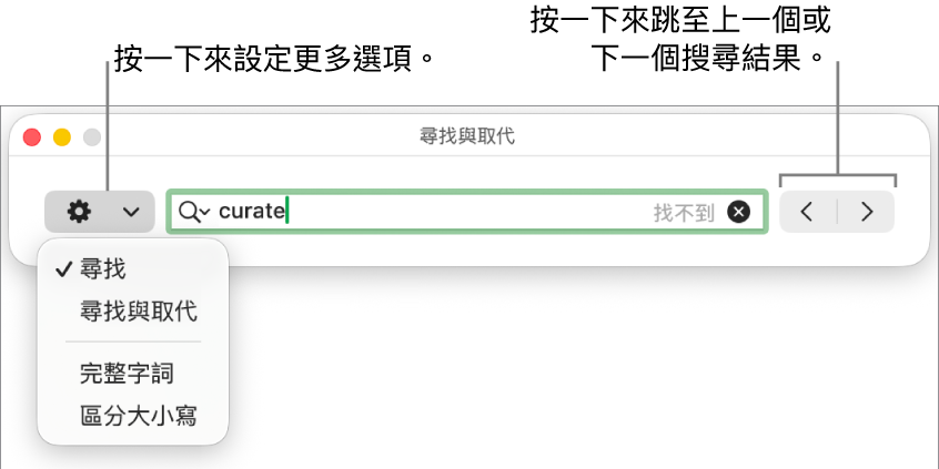 「尋找與取代」視窗,並有彈出式選單顯示「尋找」、「尋找與取代」、「完整字詞」和「區分大小寫」的選項。右邊的箭嘴可讓你跳到上一個或下一個搜尋結果。