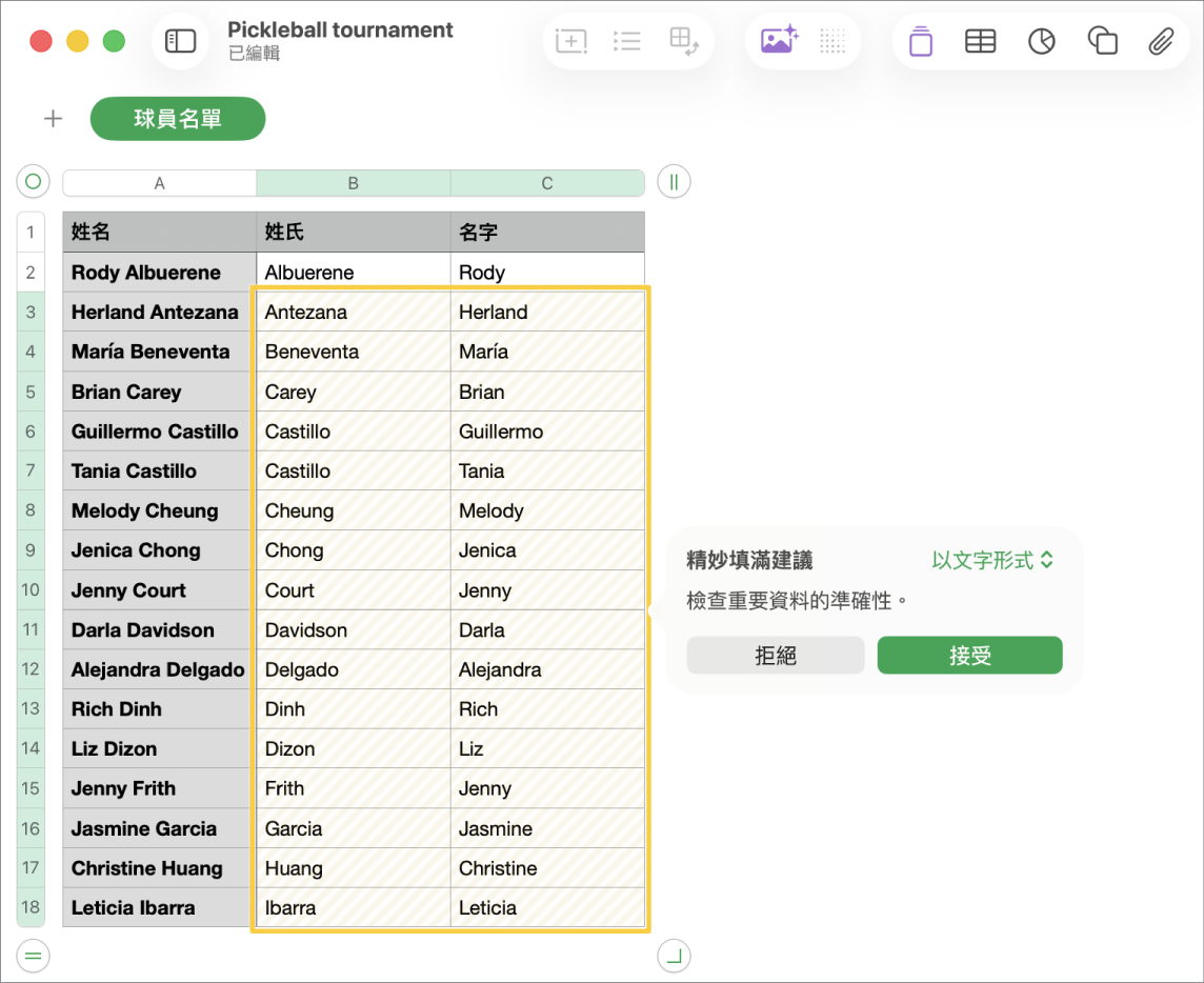 試算表中包括已重點標示的姓名,然後用於接受或拒絕這些姓名的「精妙填滿」彈出式選單。