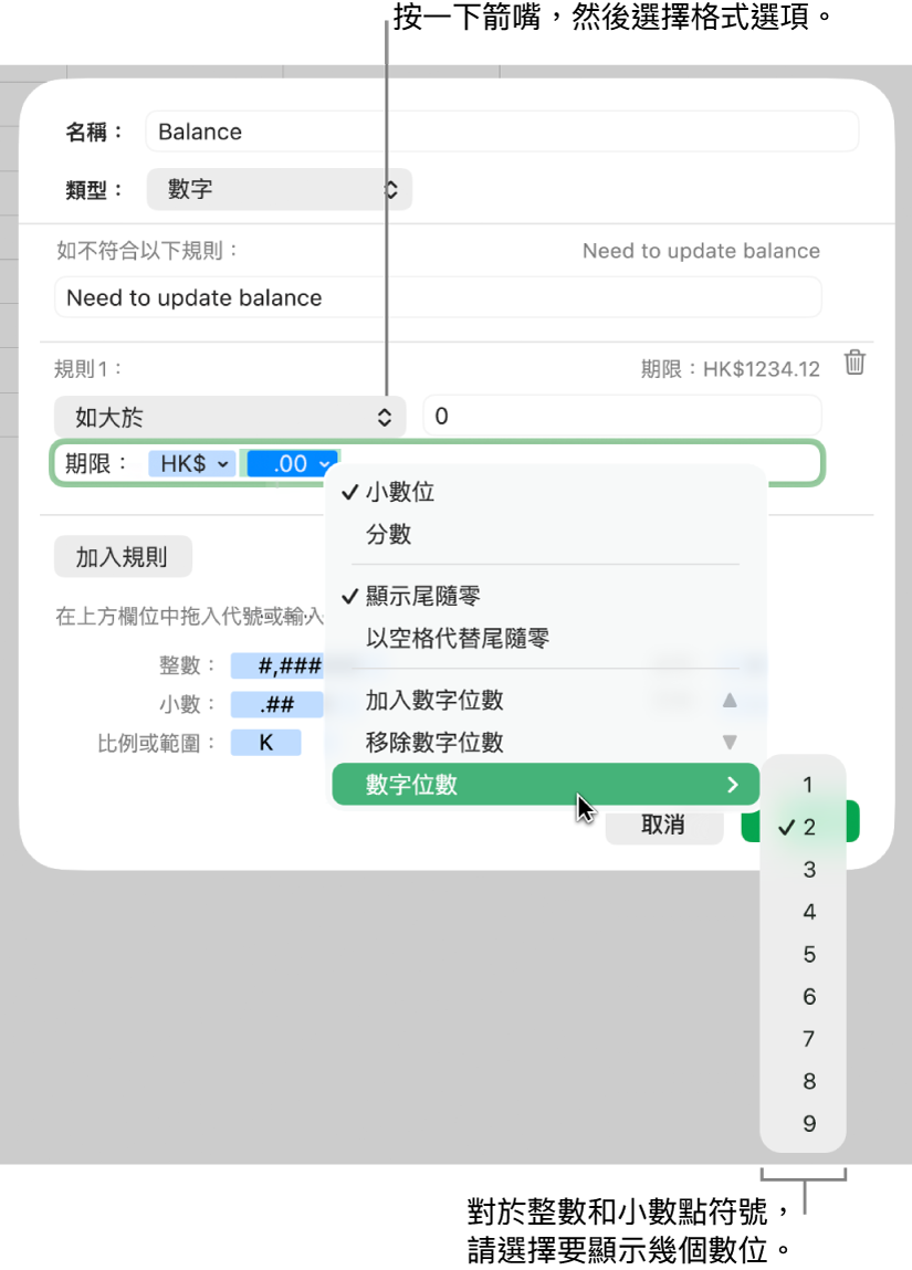 帶有選擇自訂格式選項的自訂輸入格格式視窗。