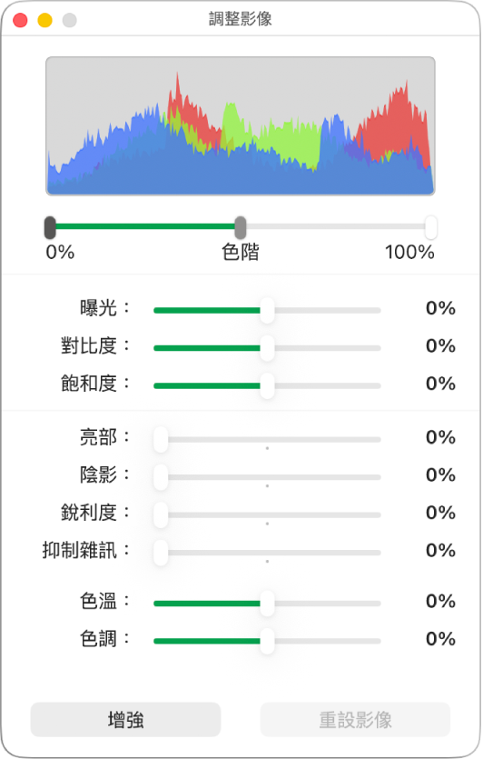 具有設定曝光度、對比度、飽和度、亮部、陰影、銳利度、抑制雜訊、色溫及色調滑桿的「調整影像」視窗。