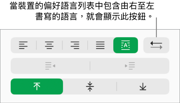 「格式」側邊欄「對齊方式」區域中的「段落方向」按鈕。