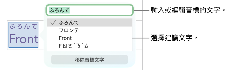 單字已啟用音標,帶有文字欄位和建議文字的説明文字。