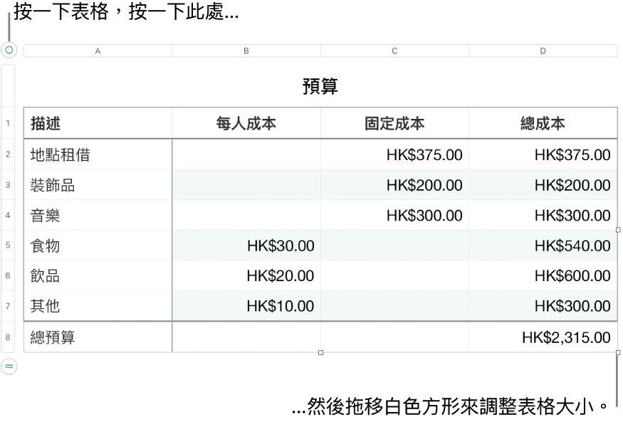 選取的表格,帶有調整大小的白色方形。