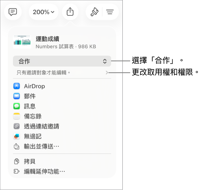 「分享」選單的最上方已選取「合作」,其下方為取用和權限設定。