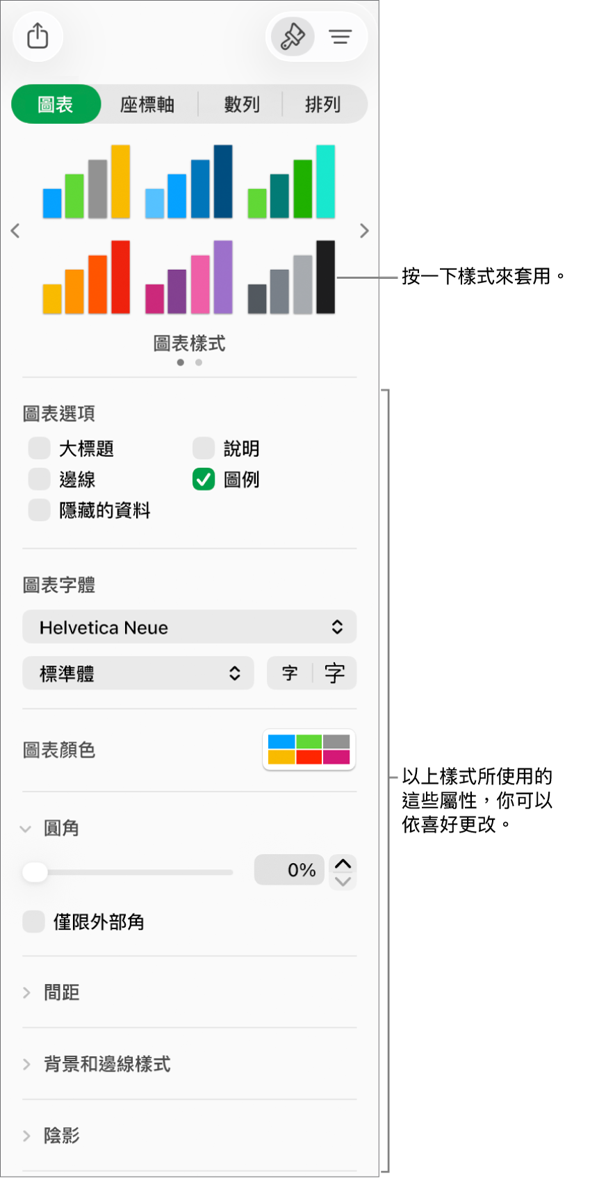 顯示格式畫圖表之控制項目的「格式」側邊欄。