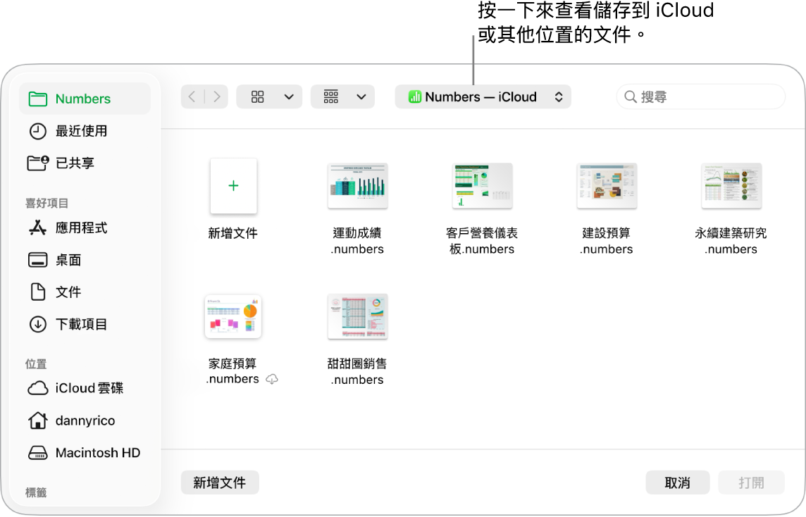 「打開」對話框的左側開啟側邊欄，最上方的彈出式選單中選取了「iCloud 雲碟」。Keynote、Numbers 和 Pages 的檔案夾和「新增文件」按鈕一起顯示在對話框中。