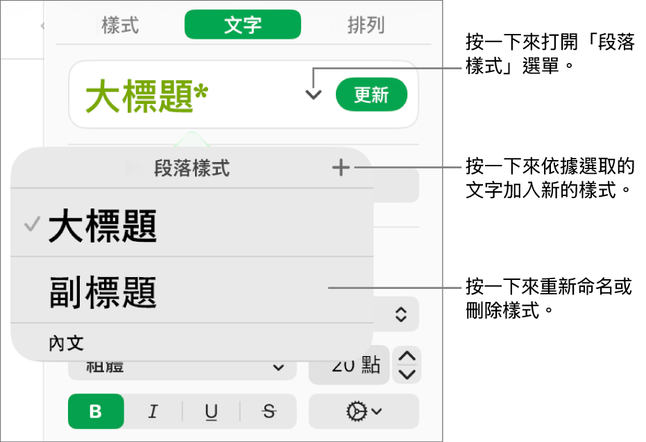 「段落樣式」選單,顯示用於加入或更改樣式的控制項目。