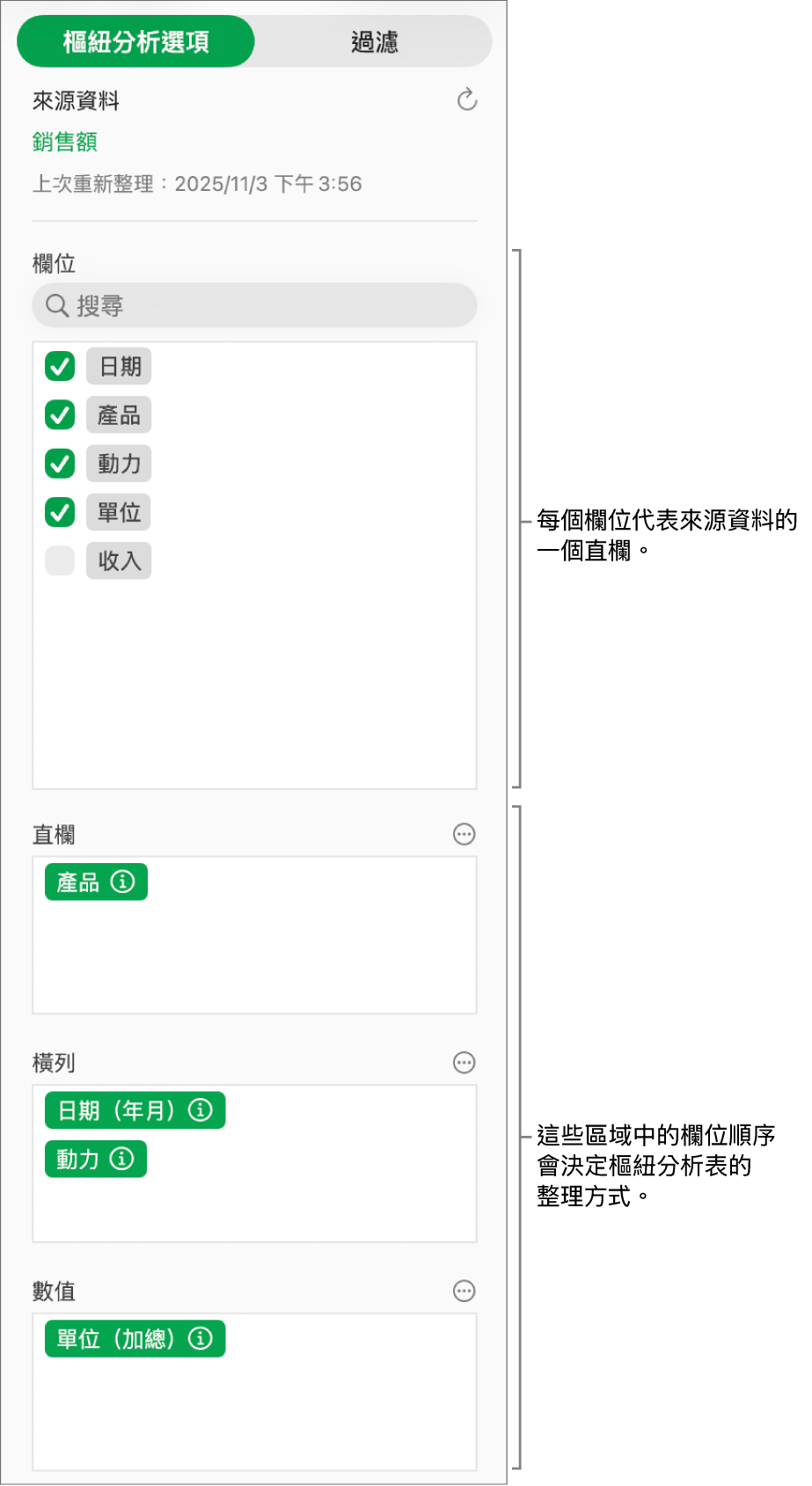 顯示直欄、橫列和數值區域中欄位的「樞紐選項」選單,以及編輯欄位和重新整理樞紐分析表的控制項目。