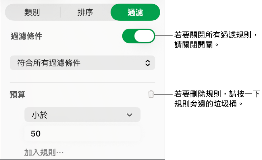 刪除過濾條件或關閉所有過濾條件的控制項目。