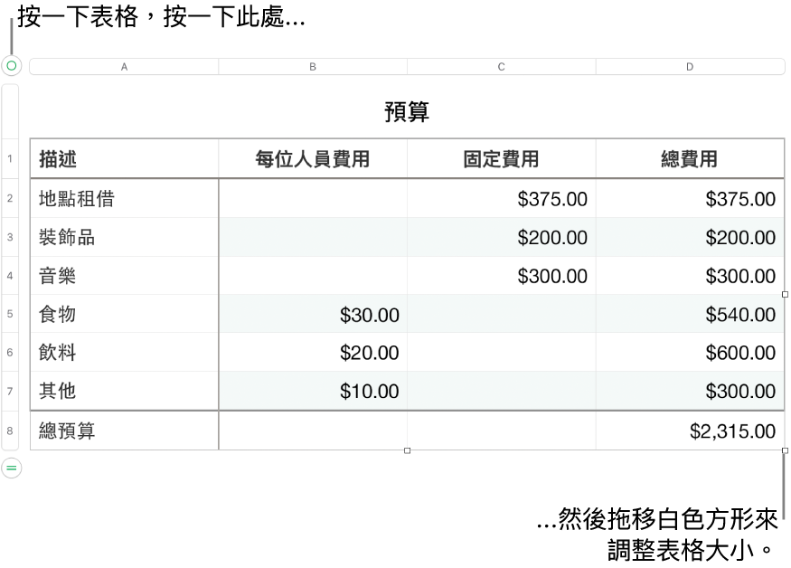 選取的表格，帶有調整大小的白色方形。