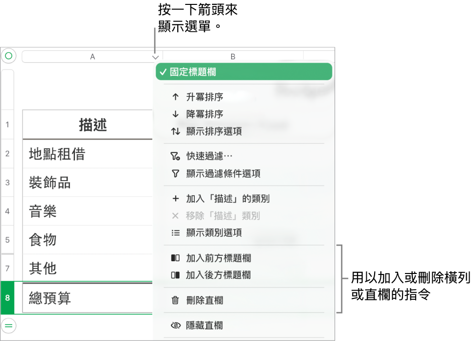 表格直欄選單,包含加入或刪除橫列和直欄的指令。