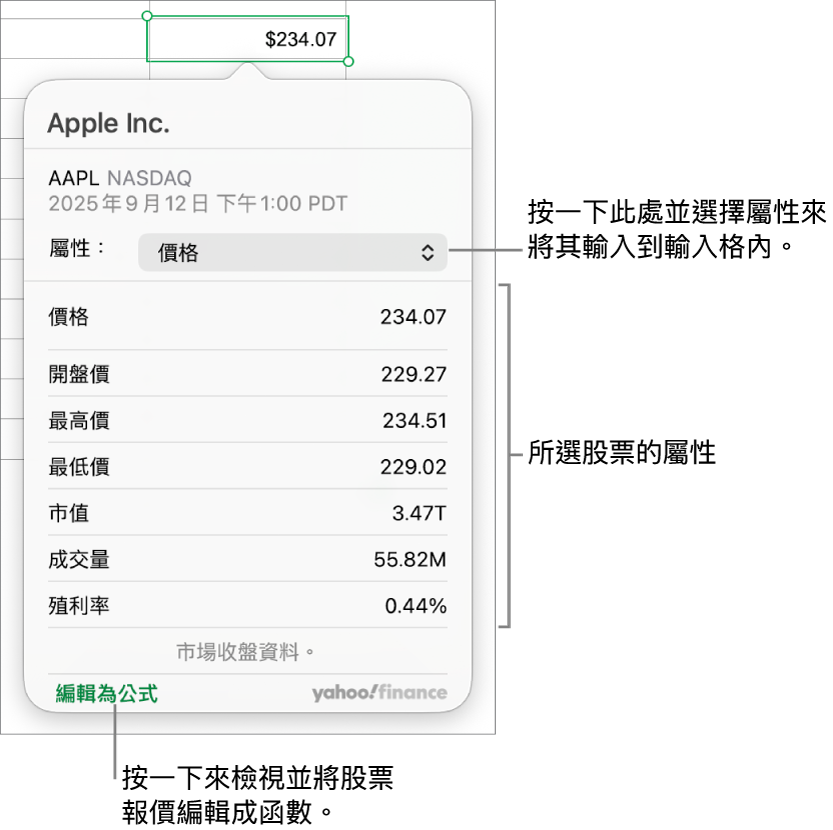 用於輸入股票屬性資訊的對話框,使用 Apple 為選取的股票。