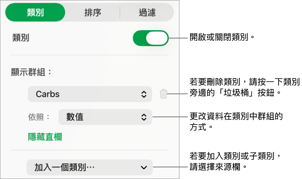 類別側邊欄包含以下選項:關閉類別、刪除類別、重新分類資料、隱藏來源欄和加入類別。