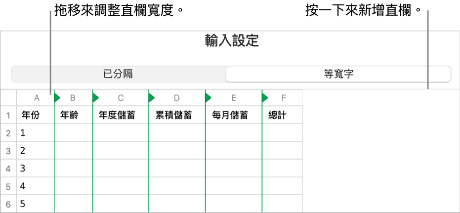 等寬文字檔案的輸入設定。