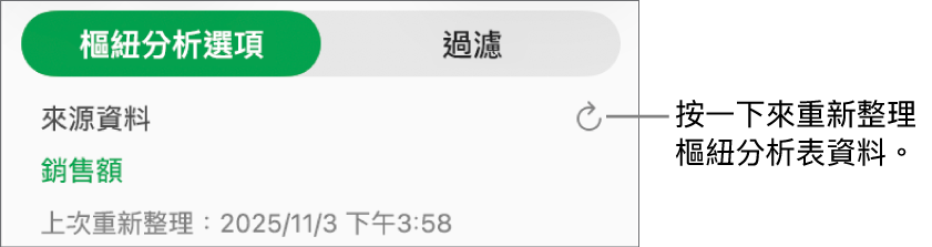 「樞紐選項」標籤頁顯示重新整理樞紐分析表的選項。