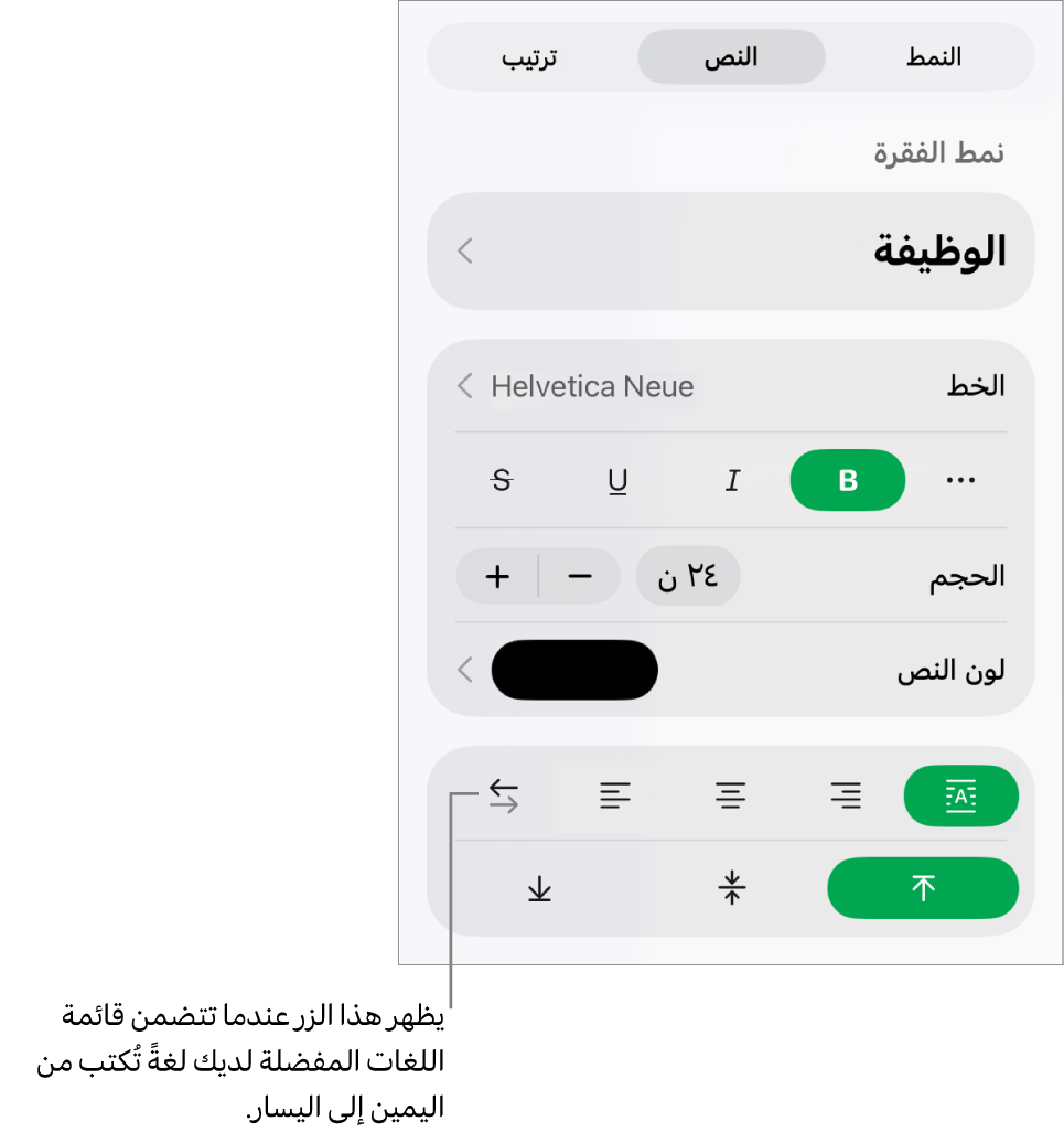 قسم النمط في قائمة التنسيق مع وسيلة شرح لزر "من اليمين إلى اليسار".