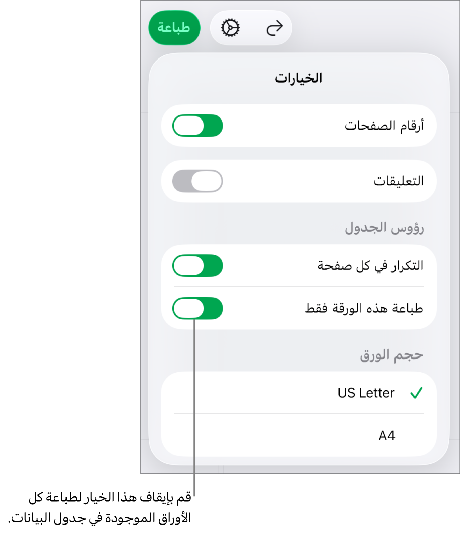 جزء معاينة الطباعة، وبه عناصر التحكم الخاصة بإظهار أرقام الصفحات، وتكرار الرؤوس في كل صفحة، وتغيير حجم الورقة، واختيار طباعة جدول البيانات بأكمله أو الورقة الحالية فقط.